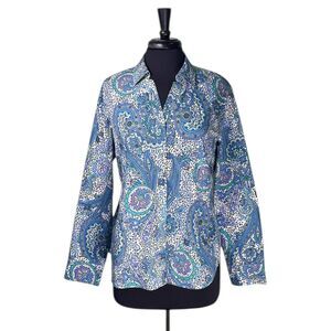 Chico's Women's Shirt Button Up Blue Paisley Animal Print Long Sleeve Top 2 L/12